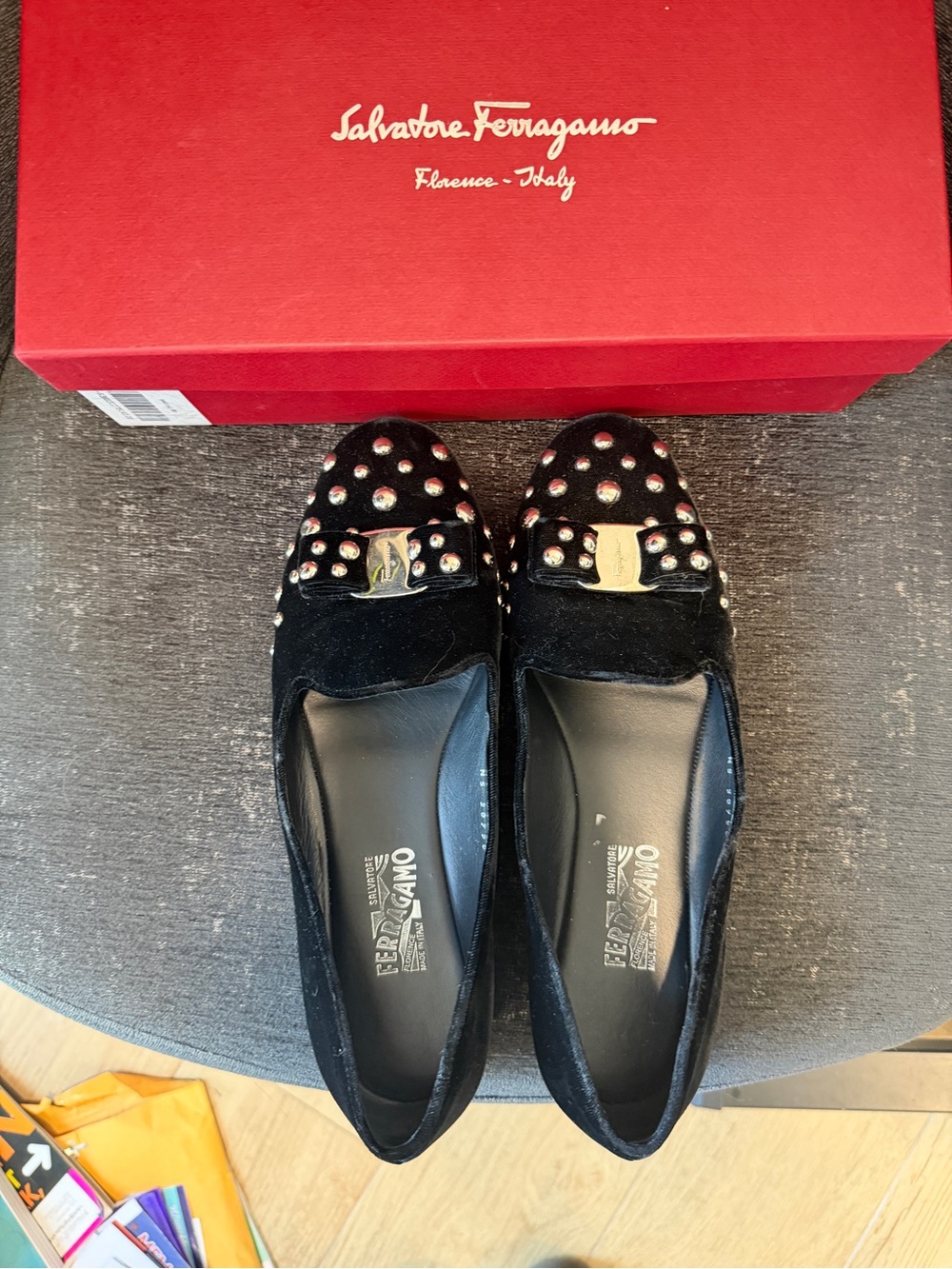 Salvatore Ferragamo Black Velvet Studded Bow Flats with Metallic Logo - Picture 3 of 9